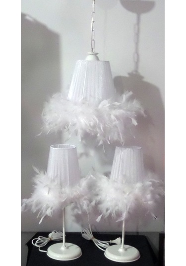 Beyaz Tüylü Yatak Odası Avize Abajur Seti