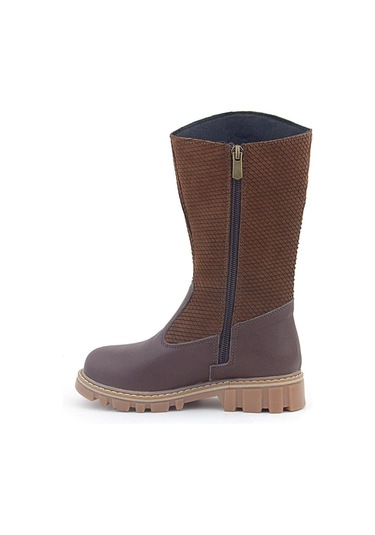 Rakerplus Hakiki Deri Taba Kahve Fermuarlı Uzun Kız Çocuk Çizme Taba