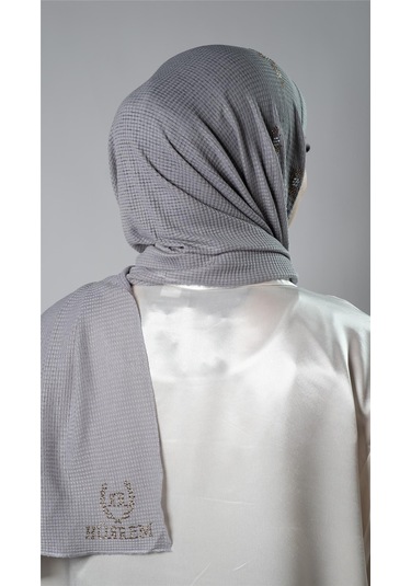 Gri Pratik Hazır Geçmeli Tesettür Şal Örme Kumaş Taşlı Çiçek Desenli 2118c 15