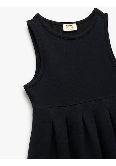 Koton Pamuklu Bisiklet Yaka Kolsuz Pileli Elbise Lacivert 6wkg80002ak Lacivert