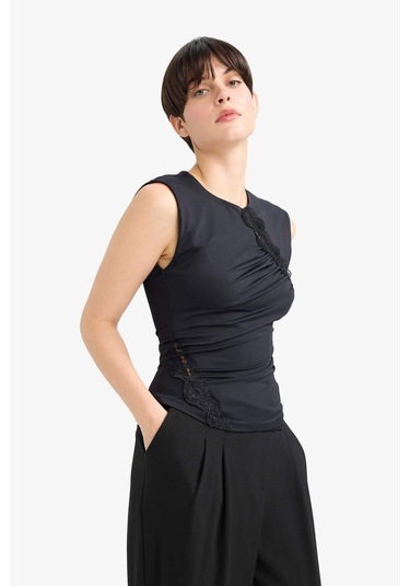 Defacto Slim Fit Dar Kesim Bisiklet Yaka Dantel Detaylı Kolsuz Bluz G4116ax25aubk81 Siyah-bk81