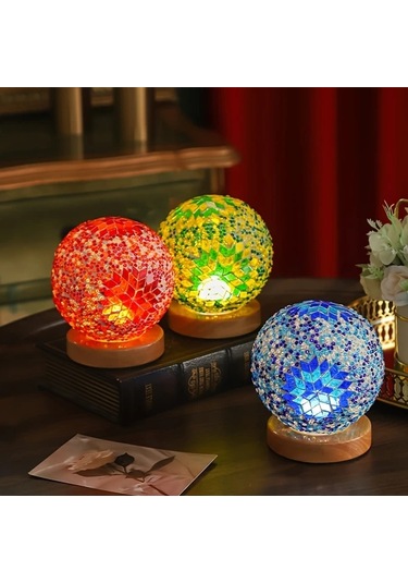 Willowhaven Bohemian Orange B Style Usb Fişli Mozaik Gece Lambası Kademesiz Karartma Yatak Odası Masa Dekoru Ahşap