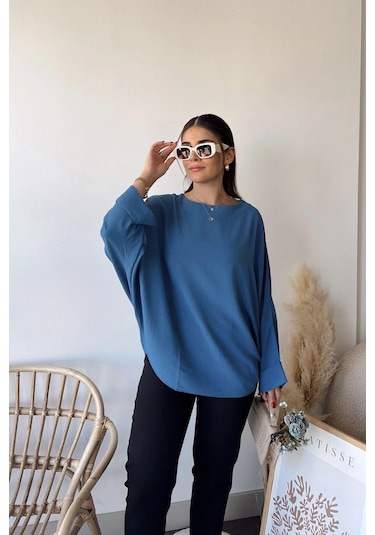 Kadın İndigo Airobin Yarasa Duble Kol Salaş Bluz Ekstra Oversize Yuvarlak Yaka - Tesettüre Uygun Indigo