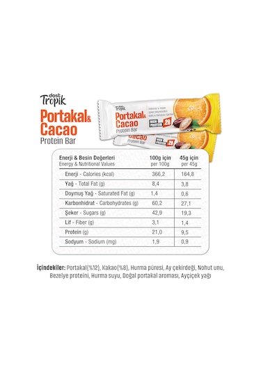 Portakal Ve Kakao Aromalı Protein Bar 45 G Protein İçeren Atıştırmalık Ve Sporcu Barı 3 Adet