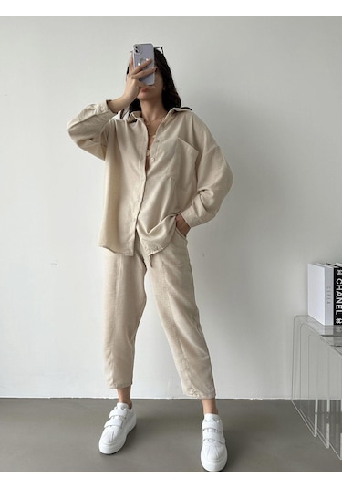 Kadın Oversize Keten Gömlek Pantolon Alt Üst Takım Bej