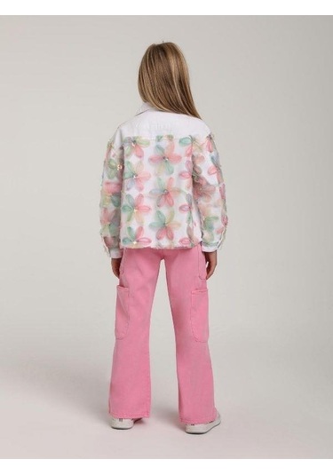 Kız Çocuk Çiçek Desenli Kot Ceket-15633 Beyaz