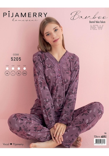 Pijamerry Kadın Dantel Yaka Bambu Uzun Kol Pijama Takımı 5205 - 1 Adet 001