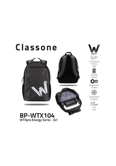 Classone BP-WTX104 WTXpro Serisi Su Geçirmez 15.6" Laptop Notebook Sırt Çantası Gri