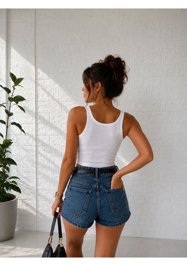 St.poll Yüksek Bel Mini Denim Şort Lacivert