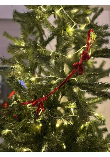 Yılbaşı Kırmızı Simli Kadife Kurdele Fiyonk Noel Çam Ağaç Süsü 1 Adet