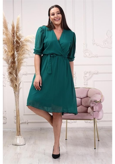 Dip Moda Kadın Astarlı Büyük Beden Şifon Elbise Dpnb8062 Yeşil