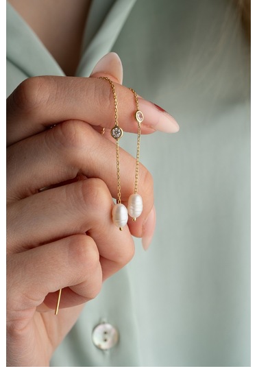 Nereze 925 Ayar Gümüş Gold Tektaş Detaylı İncili Zincir Küpe