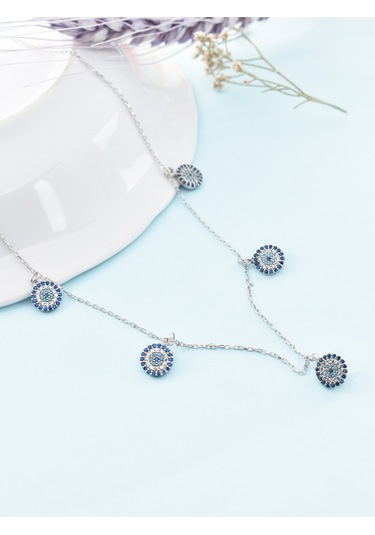 Nazar Gözlü Sallantılı Safir - Firuze Kadın Gümüş Kolye