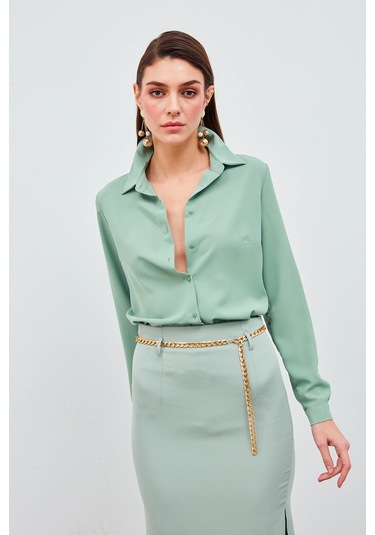 Sateen Düz Klasik Gömlek - Mint Mint Yeşili