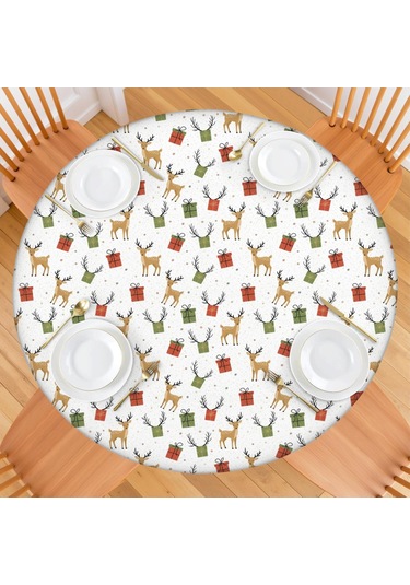 Noel Desenli Yuvarlak Elastic Masa Örtüsü, 45-52 İnç, Suya Dayanıklı, Piknik Ve Kamp İçin Noel Geyik Hediyesi