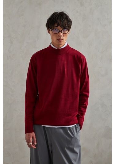 Erkek Yarım Balıkçı Oversize Basıc Triko Kazak Bordo