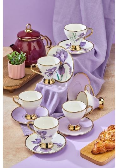 Cooker 6 Lı Lüks Yaldız Porselen Kahve Fincan Takımı Ckr3519 Mor