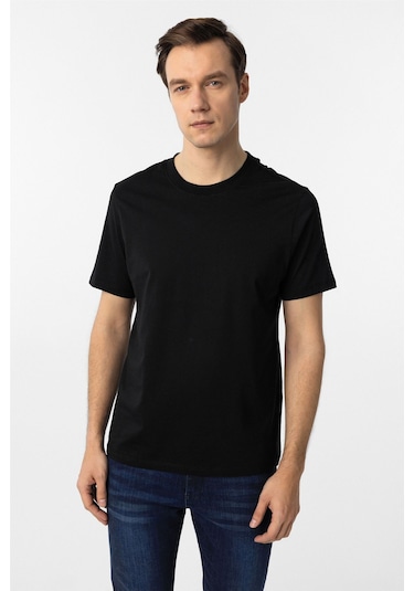 Siyah Regular Düz Bisiklet Yaka Tişört-38574 Siyah