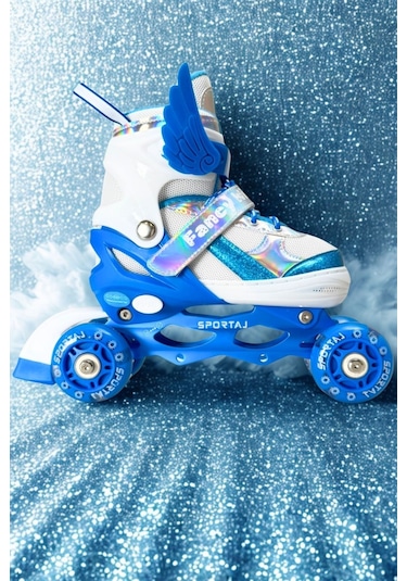 Melek Kanatlı Işıklı Çocuk Pateni Kask Ve Dizlik Seti Silikon Teker Ayarlanabilir Paten Çantalı Mavi