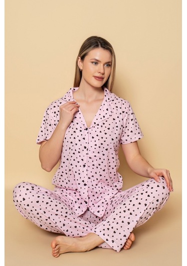 Dreamy Pamuklu Kalp Desenli Kısa Kollu Düğmeli Gömlek Pijama Takımı Pembe
