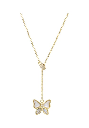 Kelebek Sedef Zirkon Taşlı Gold Rengi Model 925 Ayar Gümüş Kadın Kolye Gold