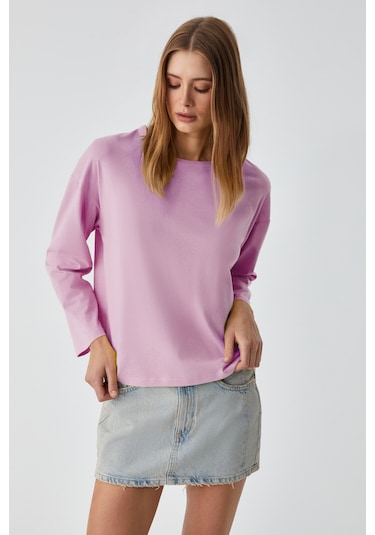 Grımelange Basıl Kadını Oversize %100 Organik Pamuk Örme Uzun Kol Pembe T-shirt Pembe