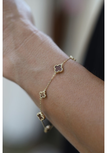 14 Ayar Altın Kahverengi Yonca Detaylı Bileklik Altın