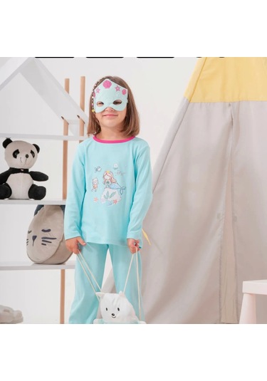 Deniz Kızı Desenli Çanta Ve Maskeli % 100 Pamuk Kız Çocuk Pijama Takımı Yeşil