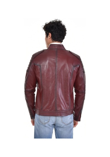 Hakiki Deri Fermuarlı Hakim Yaka Dört Cepli Erkek Deri Ceket Kahverengi Kahverengi