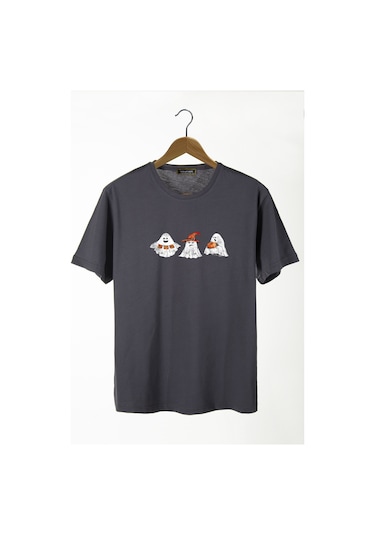 Erkek Antrasit Cadılar Bayramı Baskılı Bisiklet Yaka Oversize Rahat Kalıp Basic T-shirt Gri