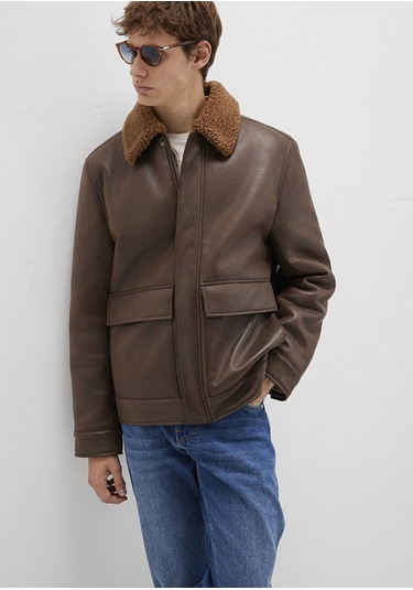 Mavi - Kahverengi Suni Kürk Detaylı Suni Deri Ceket 0110669-70240 Kahverengi