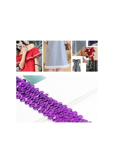Rogfer Lp000330 Üç Sıralı Elastik Bağlantı Payetler Dantel Kemer Dıy Giyim Aksesuarları, Uzunluk: 0.9m, Genişlik: 3cm Mor