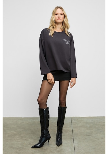 Grımelange Dazulu Kadın Yumuşak Kumaşlı Baskılı Uzun Kollu Antrasit T-shirt Antrasit