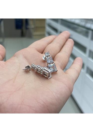 Silver Point Kare Taşlı Sallantılı Gümüş Küpe