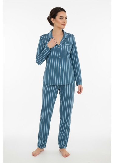 Luxury Viscose Petrol Mavi Çizgili Kadın Uzun Kollu Pijama Takımı 42552 Mavi