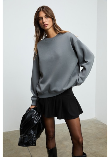 Grımelange Karıus Kadın Organik Pamuklu İçi Polarlı Oversize Yuvarlak Yakalı Gri Sweatshirt Gri