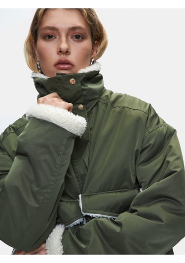 Kürk Detaylı Önü Cepli Yeşil Mont Yeşil