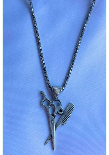 Tarak Makas El İşçiliği Paslanmaz Çelik Zincir Erkek Kolye Gümüş