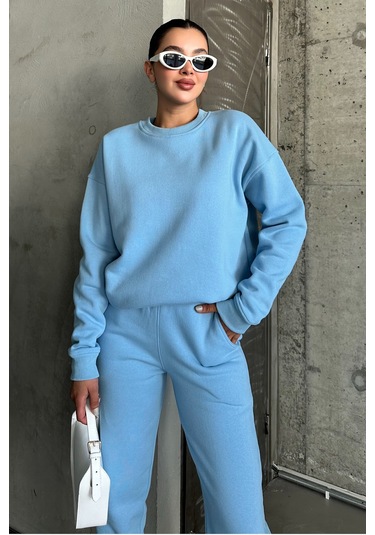 Modagen Unisex Bebe Mavi Bisiklet Yaka Düz Oversize Alt-üst Eşofman Takımı Bebe Mavi