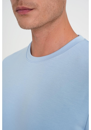 Comfort Fit Bisiklet Yaka Esnek Pamuk Casual Mavi Tişört Ts 885 Mavi