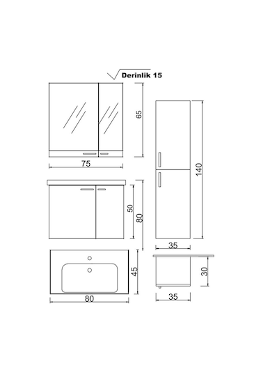 Denko Terra 80 Cm Mdf Banyo Dolabı Takımı + Boy Dolabı, Alize Çok Renkli