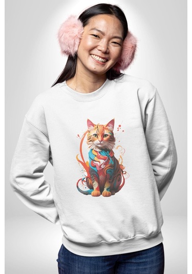 Renkli Yağlı Boya Kedi Unisex Beyaz Baskılı Sweatshirt Beyaz