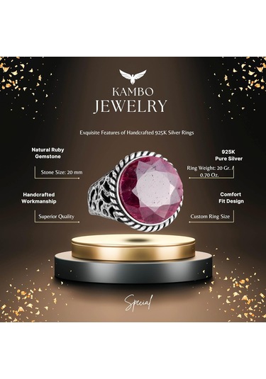 Gerçek Doğal Taş Yüzük - 925 Ayar Katı Gümüş Erkek Yüzüğü İle Yakut Gümüş