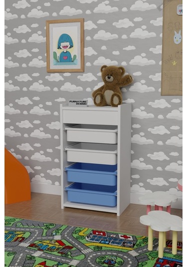 4 Sepetli Oyuncak Dolabı Çok Amaçlı Dolap Beyaz - Beyaz&Mavi Beyaz