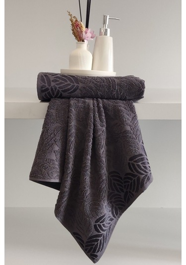 2'li Jakarlı Yaprak Desenli %100 Pamuk El Yüz Havlusu-50x90cm Antrasıt Antrasit