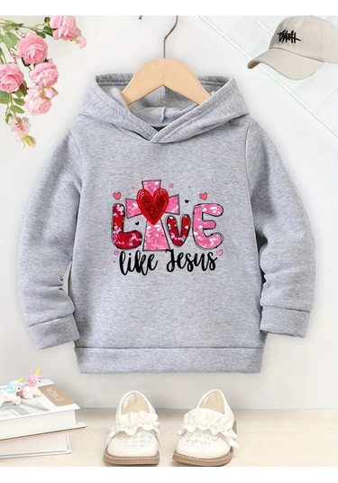 Kışlık Kapüşonlu Sweatshirt, Çocuk Love Like Jesus Baskılı Gri