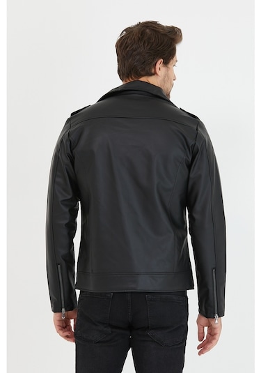 Mero Life Erkek Çapraz Fermuarlı Deri Ceket - Siyah