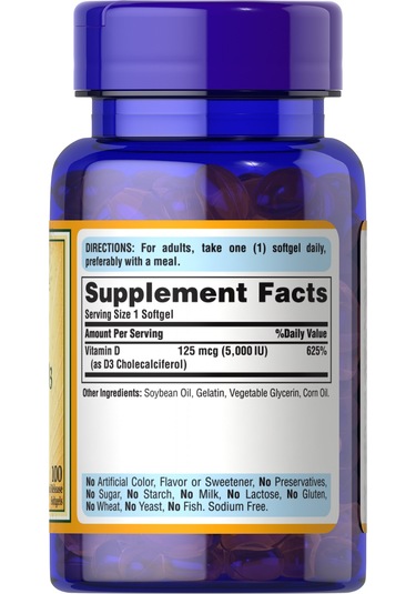 Puritan's Pride Vitamin D3 125 Mcg 5000 Iu , 100 Softgels