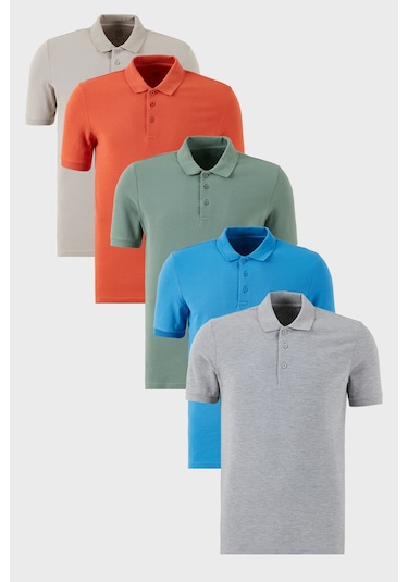 Buratti Pamuklu Regular Fit Düğmeli Polo Yaka 5'Li Paket Erkek T Shirt 5902127S5 Gri Melanj-Tarçın-Elma Yeşili-Koyu Mavi-Kül