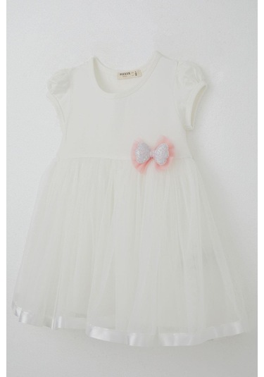 Breeze Kız Çocuk Elbise Tüllü Simli Fiyonk Aksesuarlı 2-6 Yaş, Ekru Ekru
